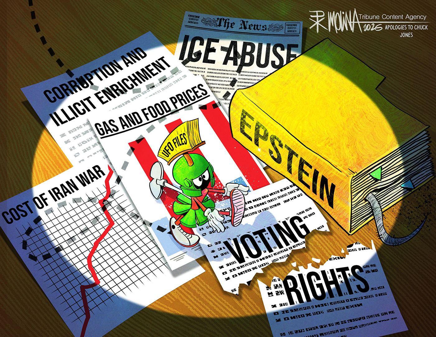 A wind-up, alien-like doll labeled &amp;ldquo;UFO Files&amp;rdquo; marches across a table and distracts from other things, including a large book of Epstein files and papers detailing the cost of the Iran war, gas and food prices, voting rights, ICE abuse, and corruption.