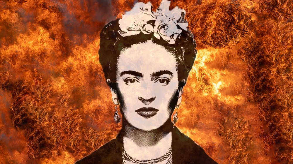 Frida Kahlo on a background of fire 