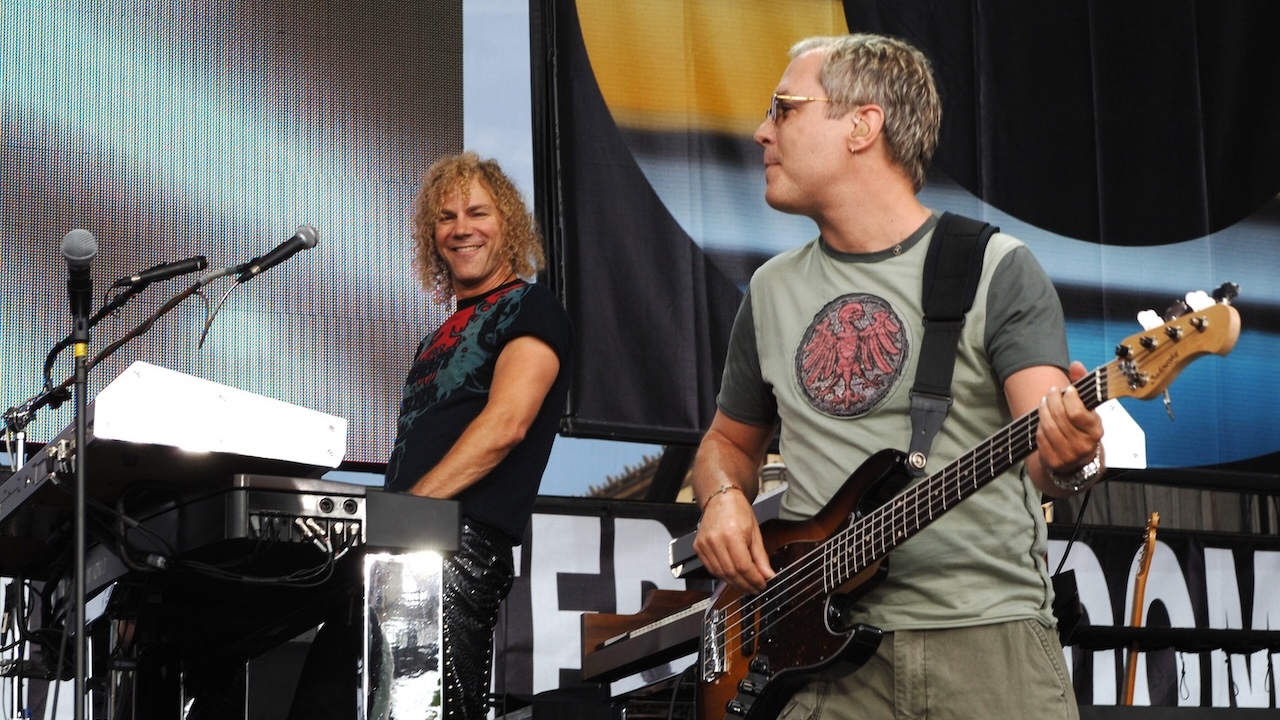 David Bryan and Hugh McDonald of Bon Jovi during LIVE 8 - Philadelphia - Show at Philadelphia Museum of Art in Philadelphia, Pennsylvania, United States