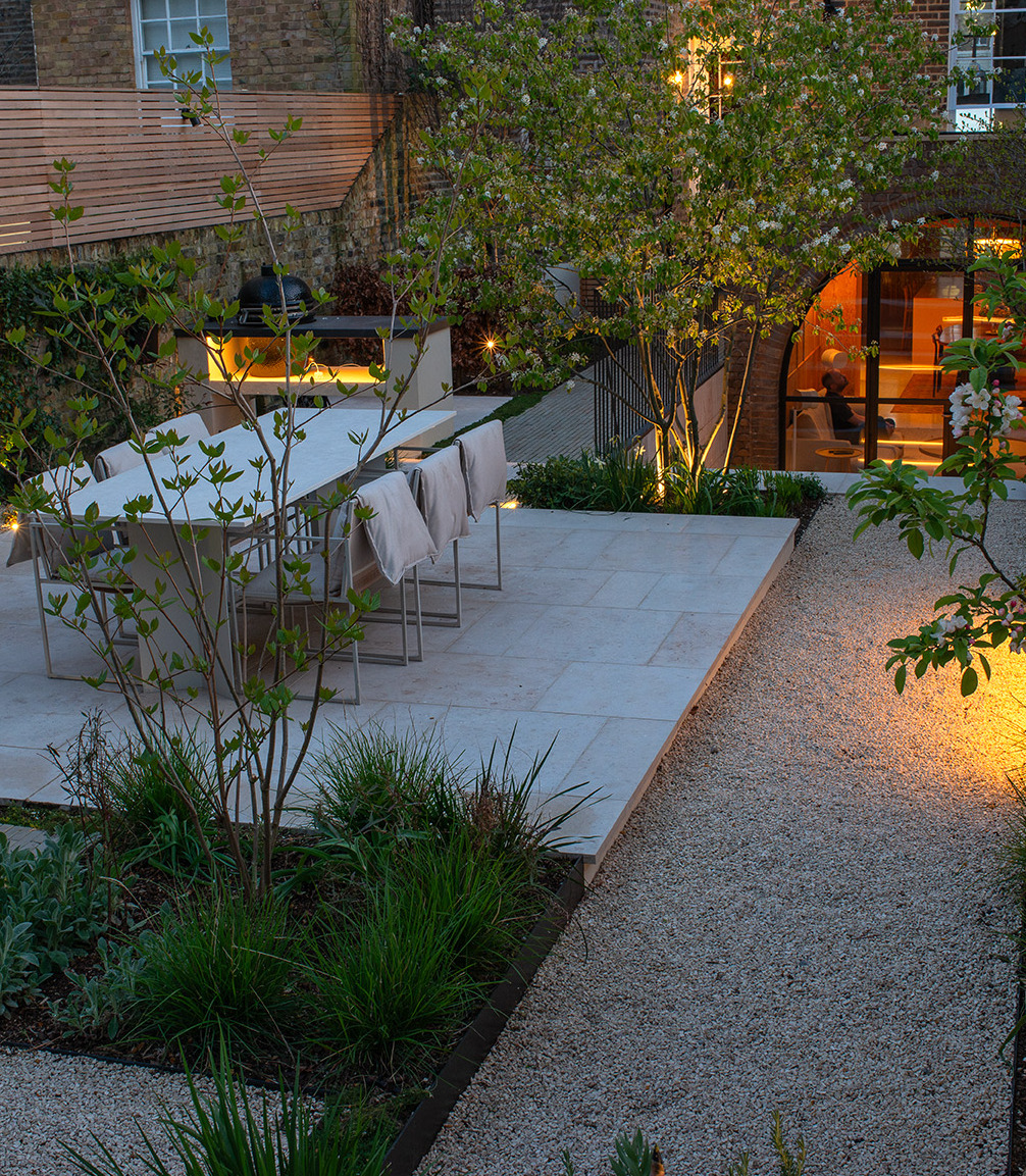 outdoor dining area with lighting