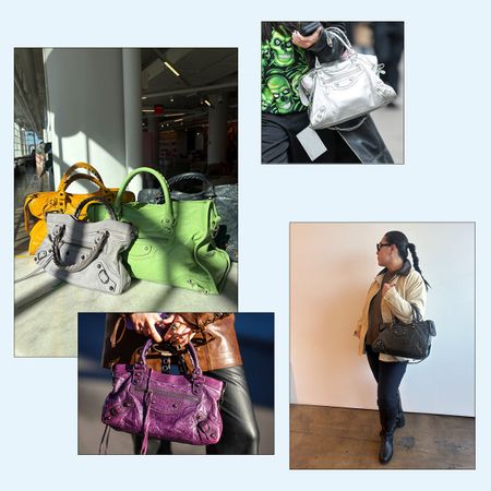Collage of different Balenciaga city bags for review.
