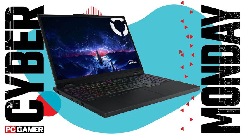 A Lenovo Legion 5i gaming laptop on a Cyber Monday background