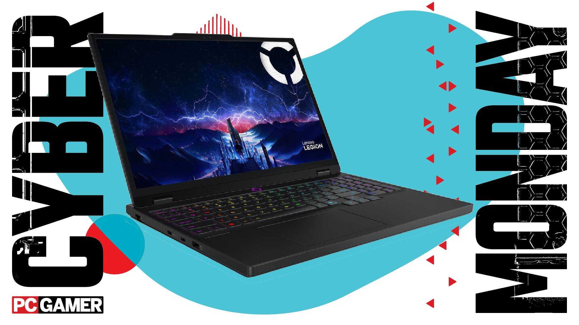 A Lenovo Legion 5i gaming laptop on a Cyber Monday background