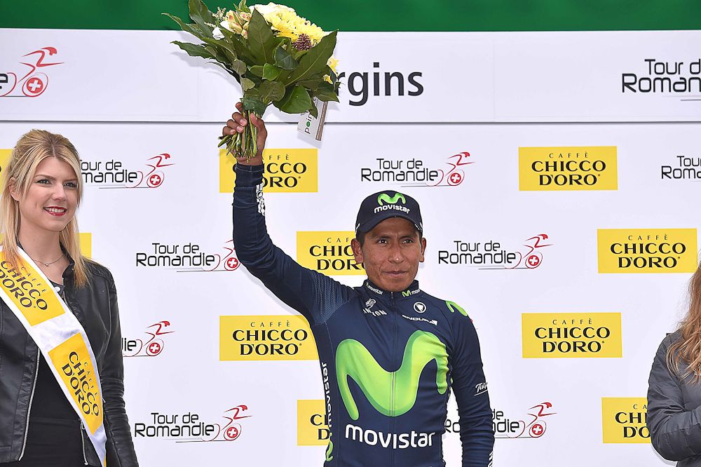 Nairo Quintana on the podium following stage 4 at Romandie.