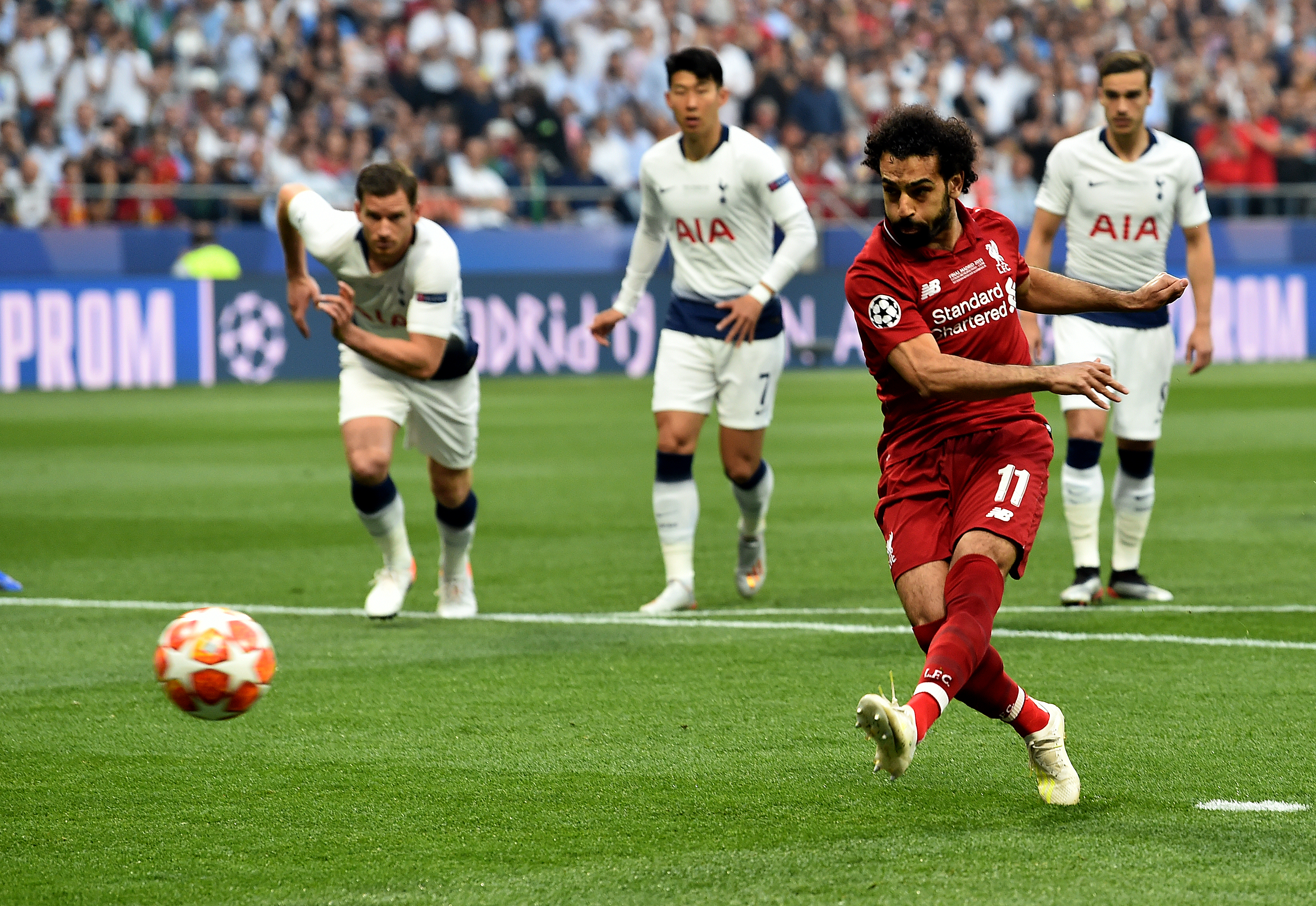 Mohamed Salah scores a penalty for Liverpool against Tottenham in the 2019 Champions League final.