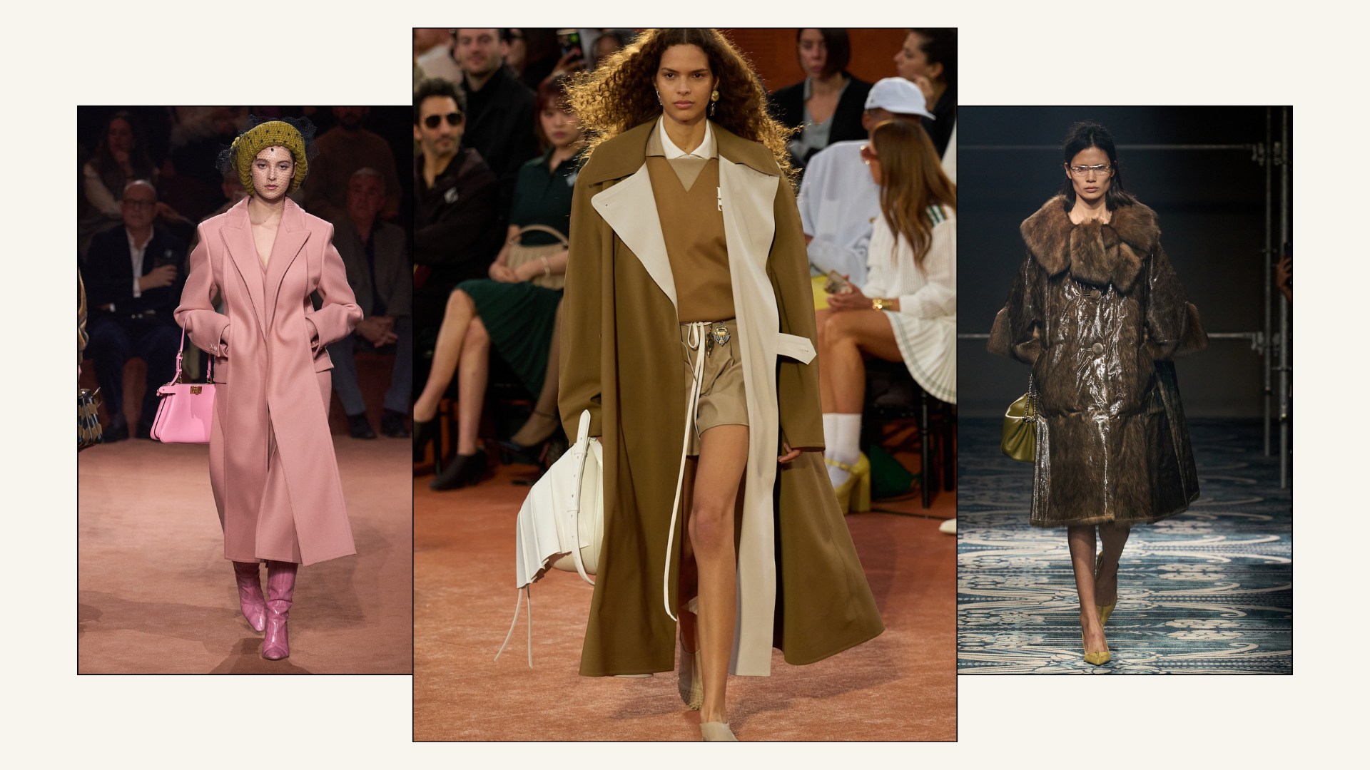 Three bags in pink, white, and olive green on the runway
