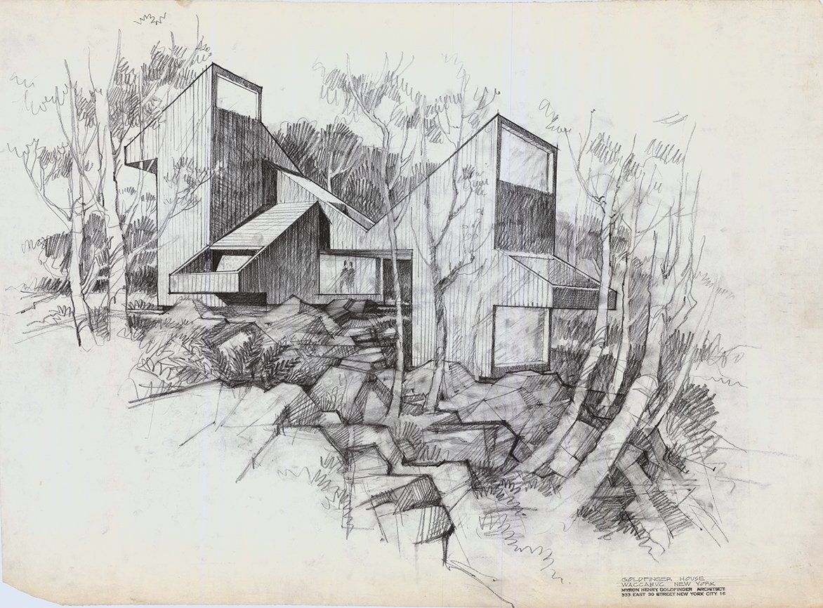 A pencil sketch of a modernist house with an uneven, whimsical structure immersed in nature.