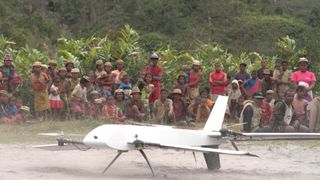 A drone takes off from a remote village in Madagascar.