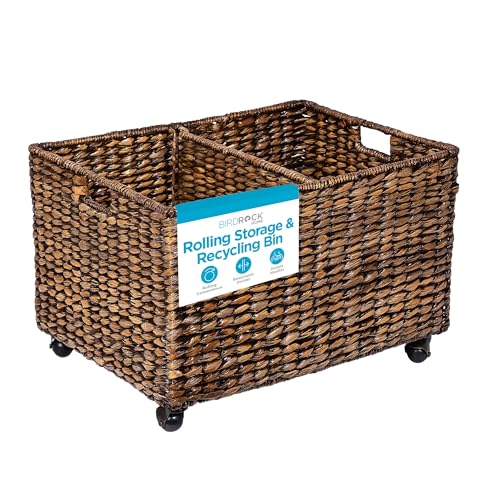 Birdrock Home Rolling Storage and Recycling Bin - Brown Wash - Handwoven - Divided Decorative Cart - Kitchen - Paper Cans Glass Plastic Sorter - Toy Blanket Storage