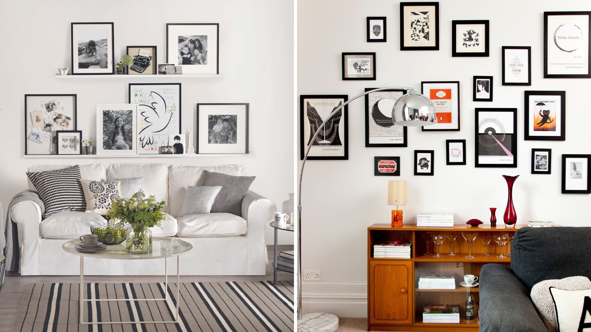 two white living rooms showing gallery walls one with picture ledges and one wall-mounted frames to show how to transform a living room on a budget by rearranging artwork