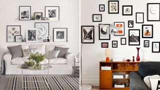 two white living rooms showing gallery walls one with picture ledges and one wall-mounted frames to show how to transform a living room on a budget by rearranging artwork