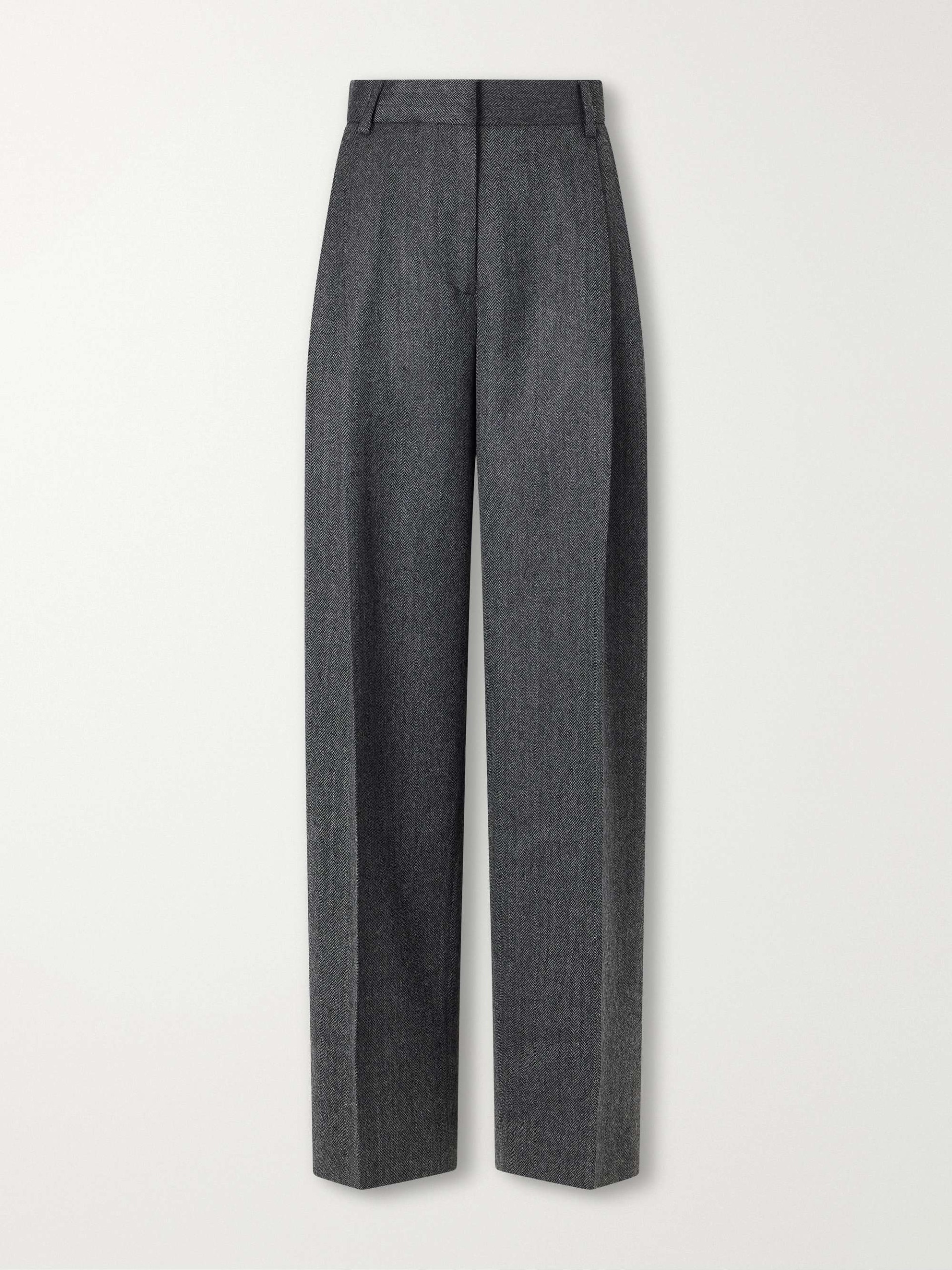 Pleated Herringbone Wool Wide-Leg Pants
