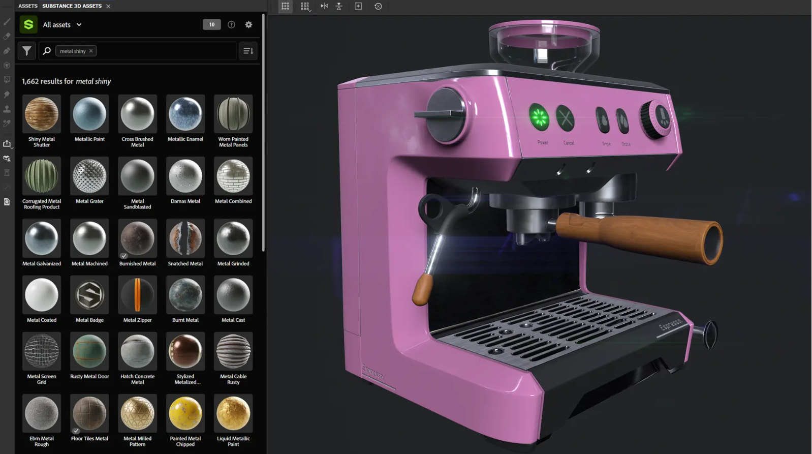 A screenshot of a coffee machine and 3D assets in Adobe Substance 3D Painter