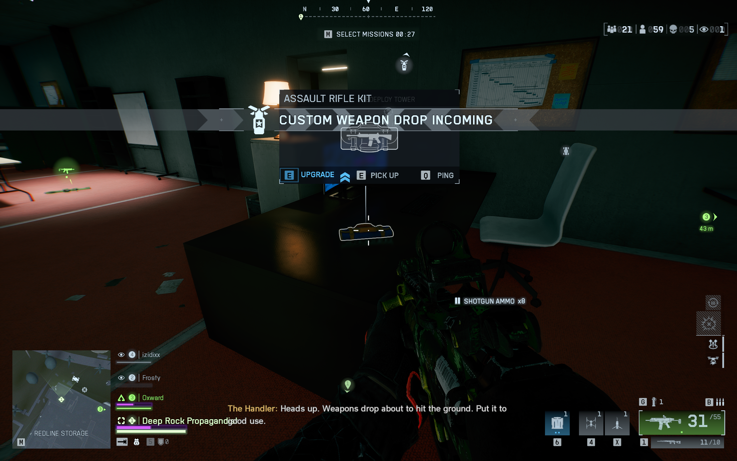 Battlefield Redsec weapon upgade kits: An assault rifle weapon kit item on a desk inside an office, with the option to use it immediately.