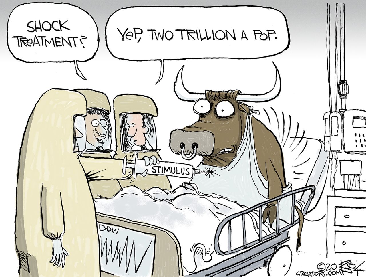 Political Cartoon U.S. Coronavirus Congress Charging Bull stimulus bill trillions injection