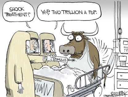 Political Cartoon U.S. Coronavirus Congress Charging Bull stimulus bill trillions injection