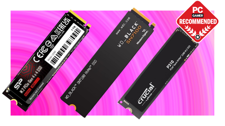 An image showing three internal NVMe SSDs angled and lined together, against a pink background with a white border
