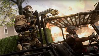 Call of Duty Saison 4, deux soldats dans un Humvee traversent une zone urbaine.