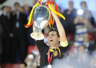 Iker Casillas celebrates with the European Championship trophy after Spain's Euro 2008 win.