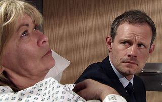 Claire King as Erica in Coronation Street with Ben Price as Nick