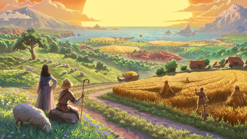 Shepherds and farmers look out across an idyllic landscape in artwork from the new Catan