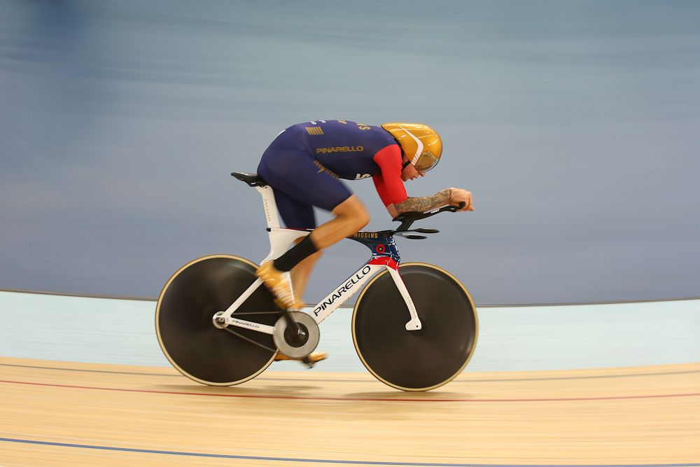 Bradley Wiggins celebrates breaking the UCI Hour Record at Lee Valley Velopark Velodrome in London.