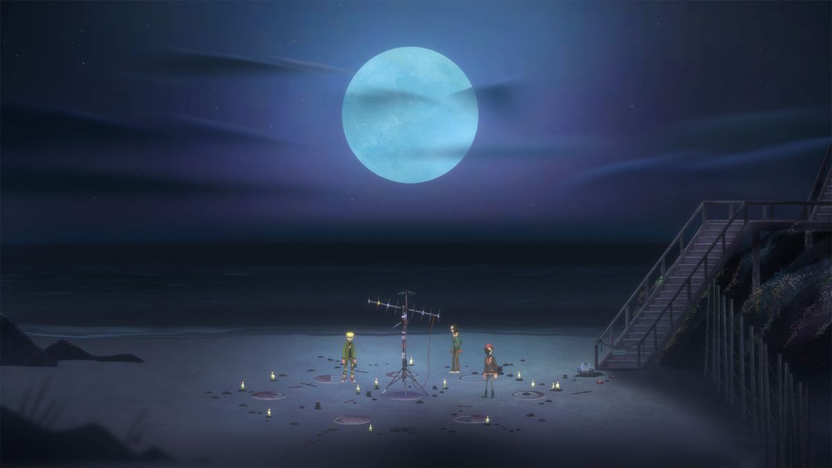 Oxenfree 2 masked teenagers Olivia, Violet, and Charlie on the beach at night standing next to a radio antenna