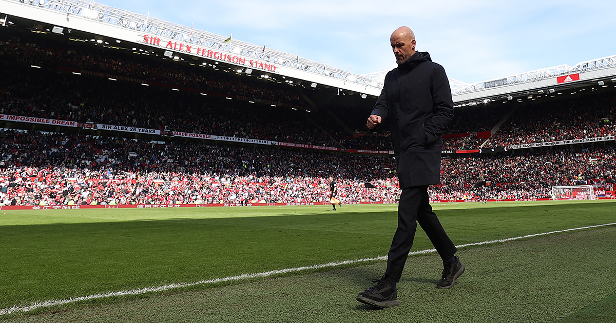 Manchester United manager Erik ten Hag walks off at halftime during the Premier League match between Manchester United and Everton FC at Old Trafford on April 08, 2023 in Manchester, England.