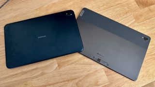 The Nokia T20 and Lenovo Tab P11 Plus sitting side-by-side on a desk