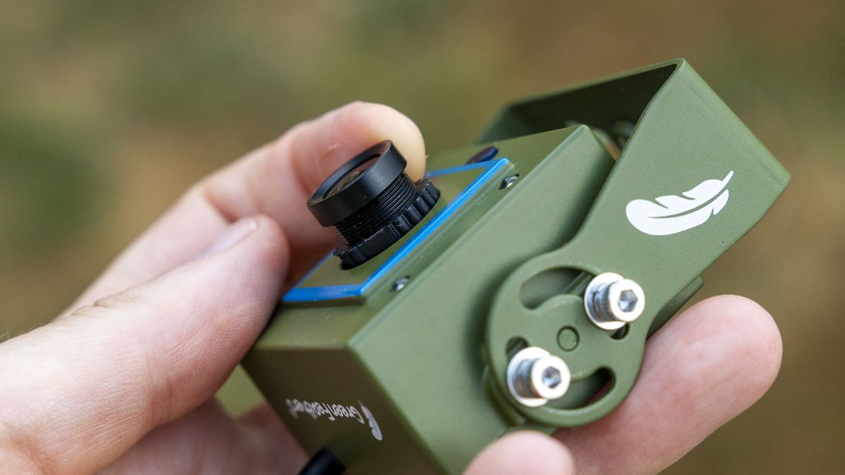 Close up of the Green Feathers TV connectable wildlife camera held in a female hand