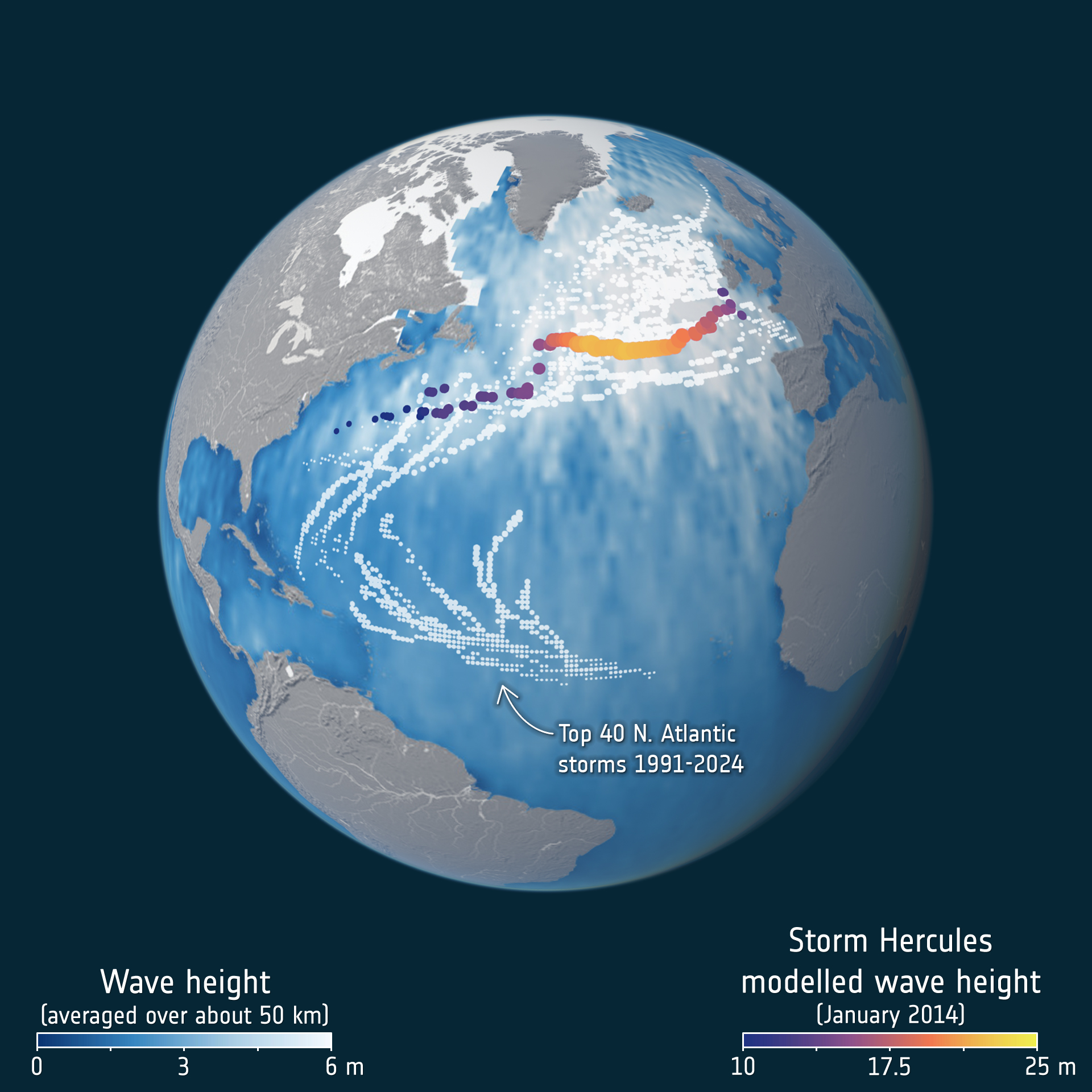 A photo of a globe showing the path of Storm Hercules across the Atlantic ocean