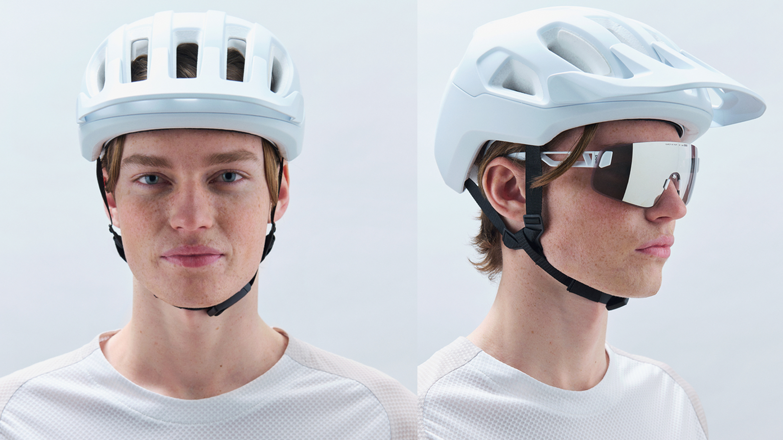 A man wears a white POC Cularis helmet, shown from two angles