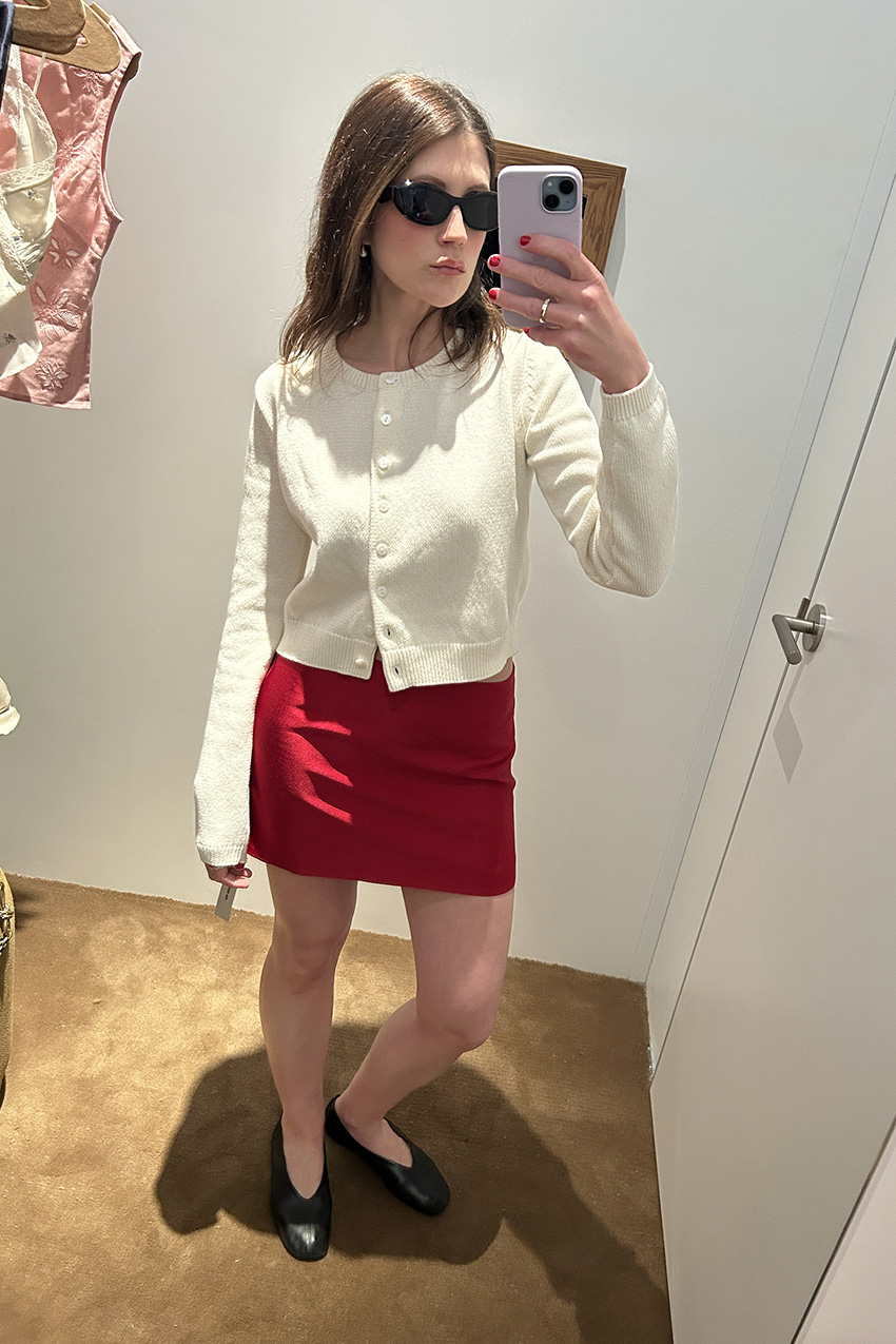 Reformation Clara Cotton Cardigan, Reformation Carla Low Waist Skirt, Reformation Blaine Flats