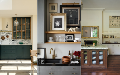 Three kitchen images: a kitchen with a marble countersplash and glass-fronted upper cabinets, a modern kitchen with open shelving above a sink, and a kitchen with a wooden island and open shelves displaying glassware