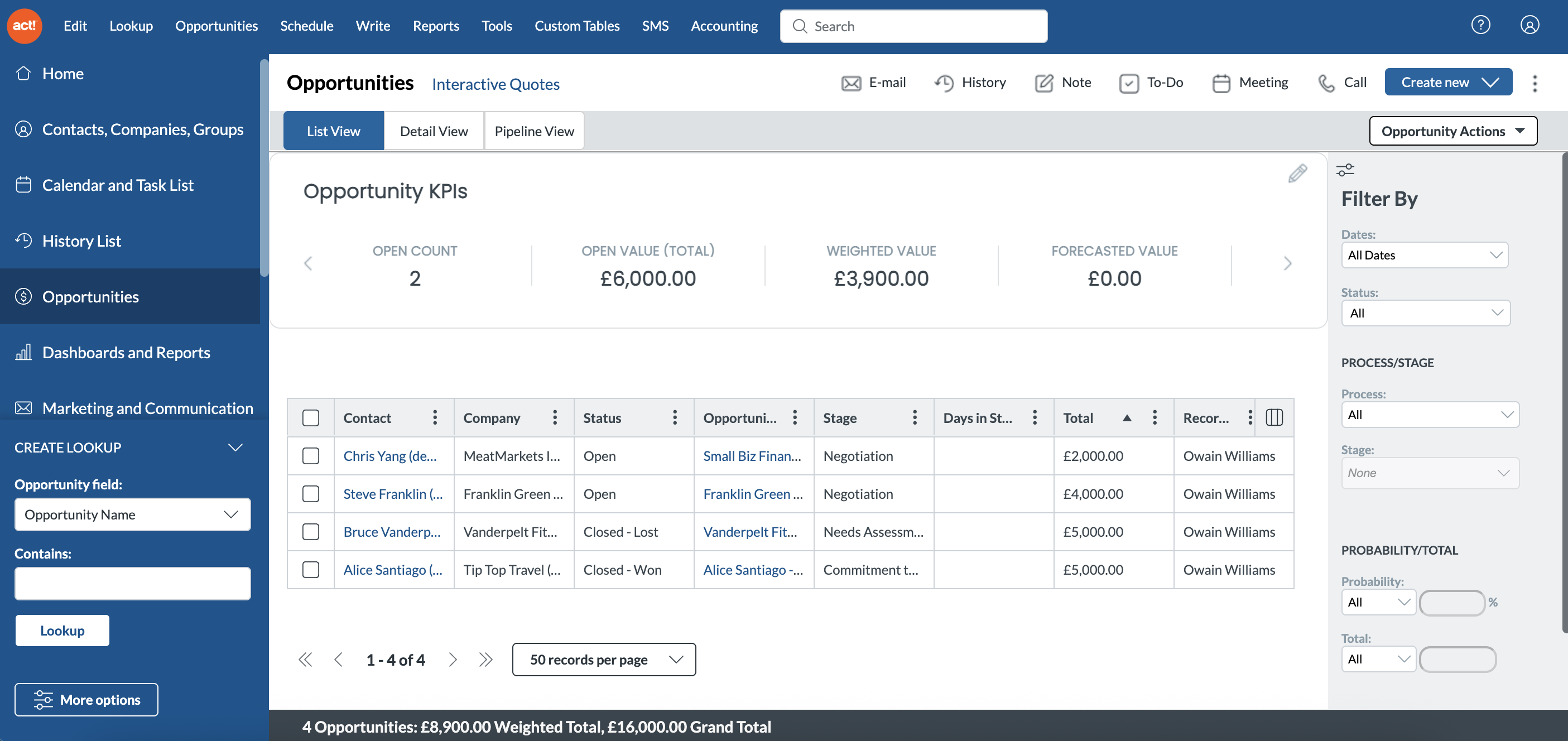 Act CRM opportunities dashboard