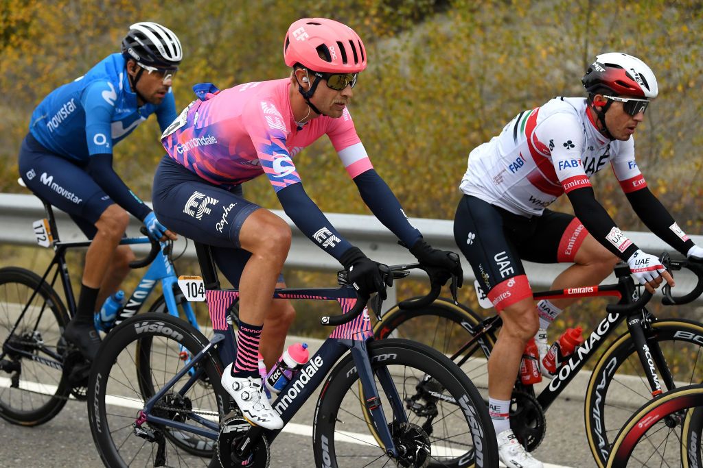 SALLENT DE GLLEGO SPAIN OCTOBER 25 Nelson Oliveira of Portugal and Movistar Team Magnus Cort Nielsen of Denmark and Team EF Pro Cycling Sergio Henao Montoya of Colombia and UAE Team Emirates during the 75th Tour of Spain 2020 Stage 6 a 1464km stage from Biescas to Sallent de Gllego Aramn Formigal 1790m lavuelta LaVuelta20 La Vuelta on October 25 2020 in Sallent de Gllego Spain Photo by David RamosGetty Images