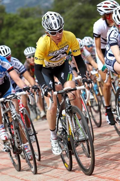 Amber Neben (HTC-Highroad) riding in the pack on the climb.