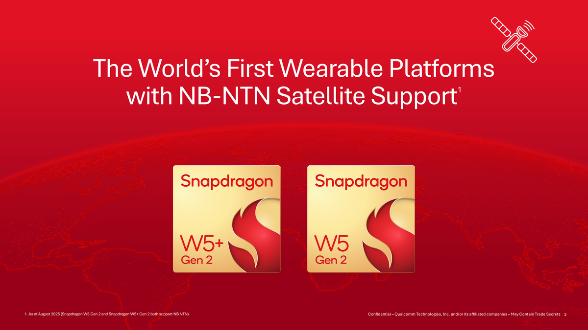 An official press slide showing icons for the Qualcomm Snapdragon W5 Gen 2 and W5 Plus Gen 2 chips, with the words "The World's First Wearable Platforms with NB-NTN Satellite Support" above them.