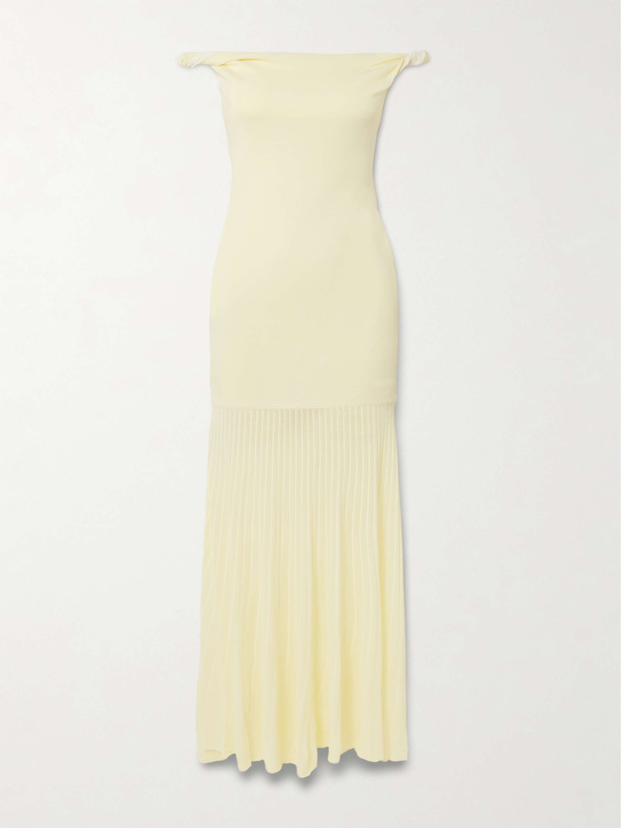 Elia Off-The-Shoulder Twisted Pleated Knitted Midi Dress