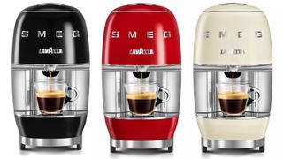 Lavazza A Modo Mio Smeg pod coffee machine in black, red and cream colours