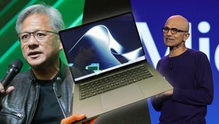 Nvidia CEO Jensen Huang and Microsoft CEO Satya Nadella with the Microsoft Surface Laptop Ultra