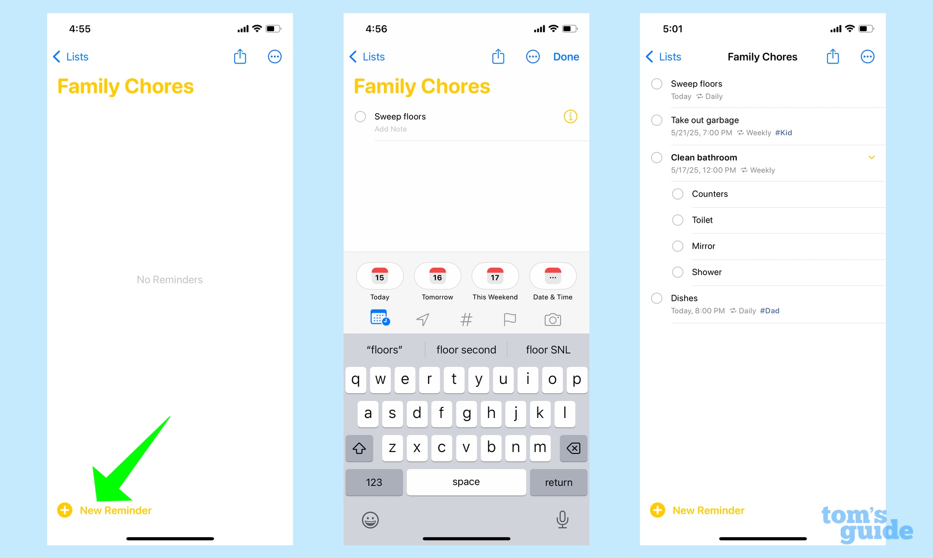 Filling your list with different to-dos in Reminders