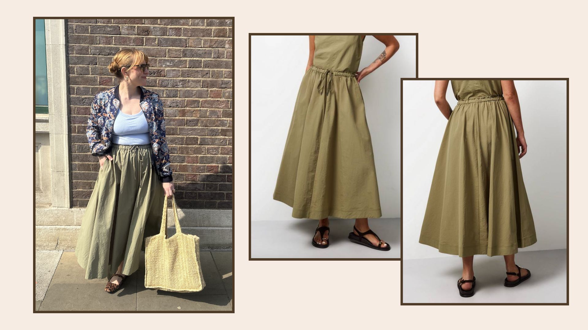 matilda wearing the TU midi skirt next to two model shots 