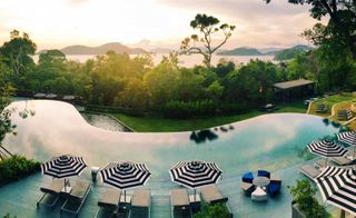 Infinity pool set in lush garden with black and white umbrellas overlooking bay