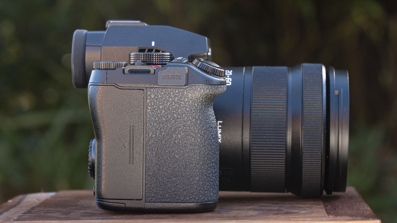 Panasonic Lumix S5 II camera on a table with view of the side and remote control port