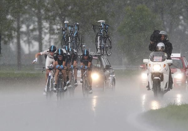 It was raining so hard that visibility was limited for Team Sky during the team time trial stage of the Giro d'Italia.