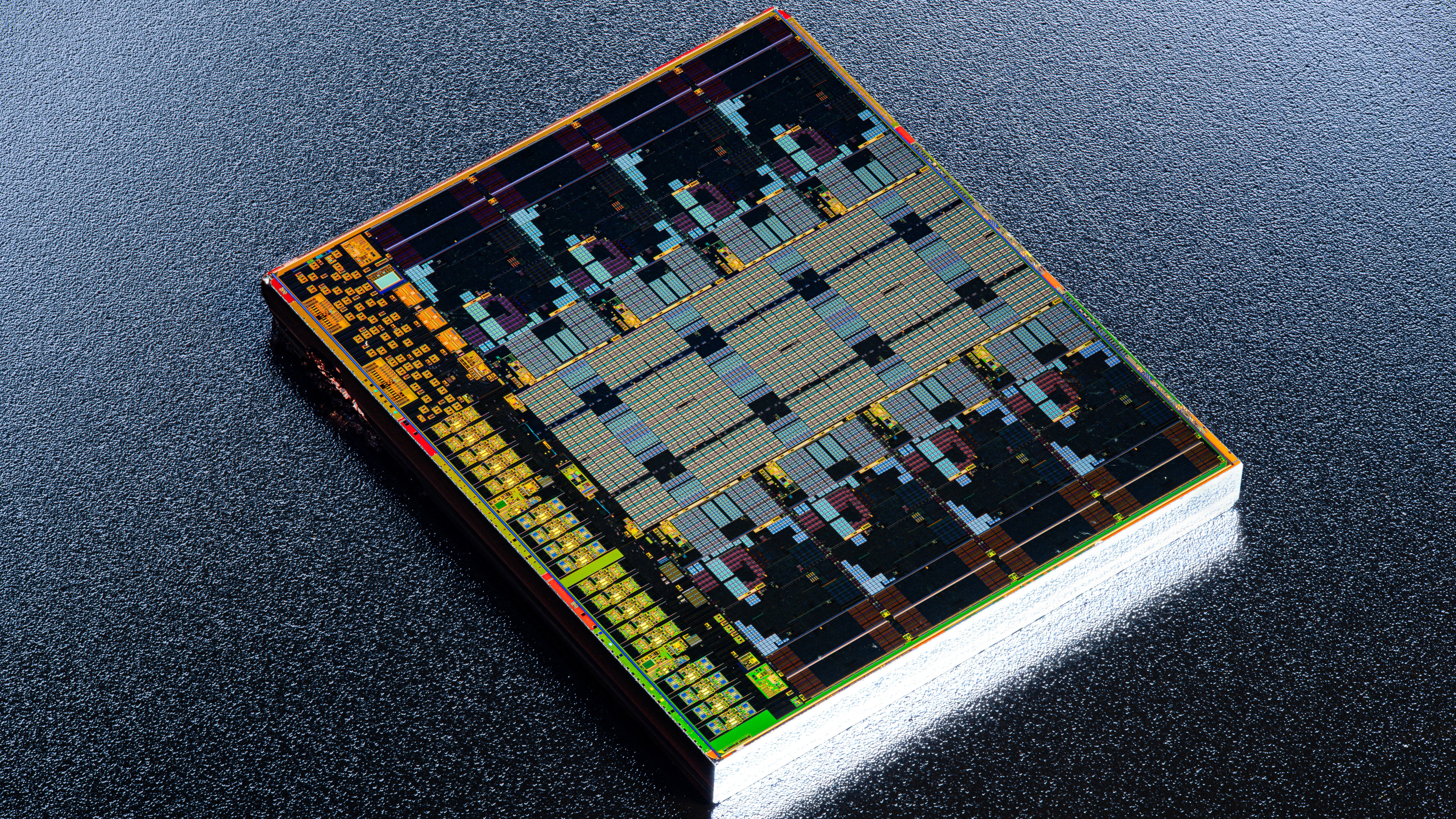 A highly detailed photograph of an AMD Zen 5 CCD chiplet, showing the fundamental cores and cache structures
