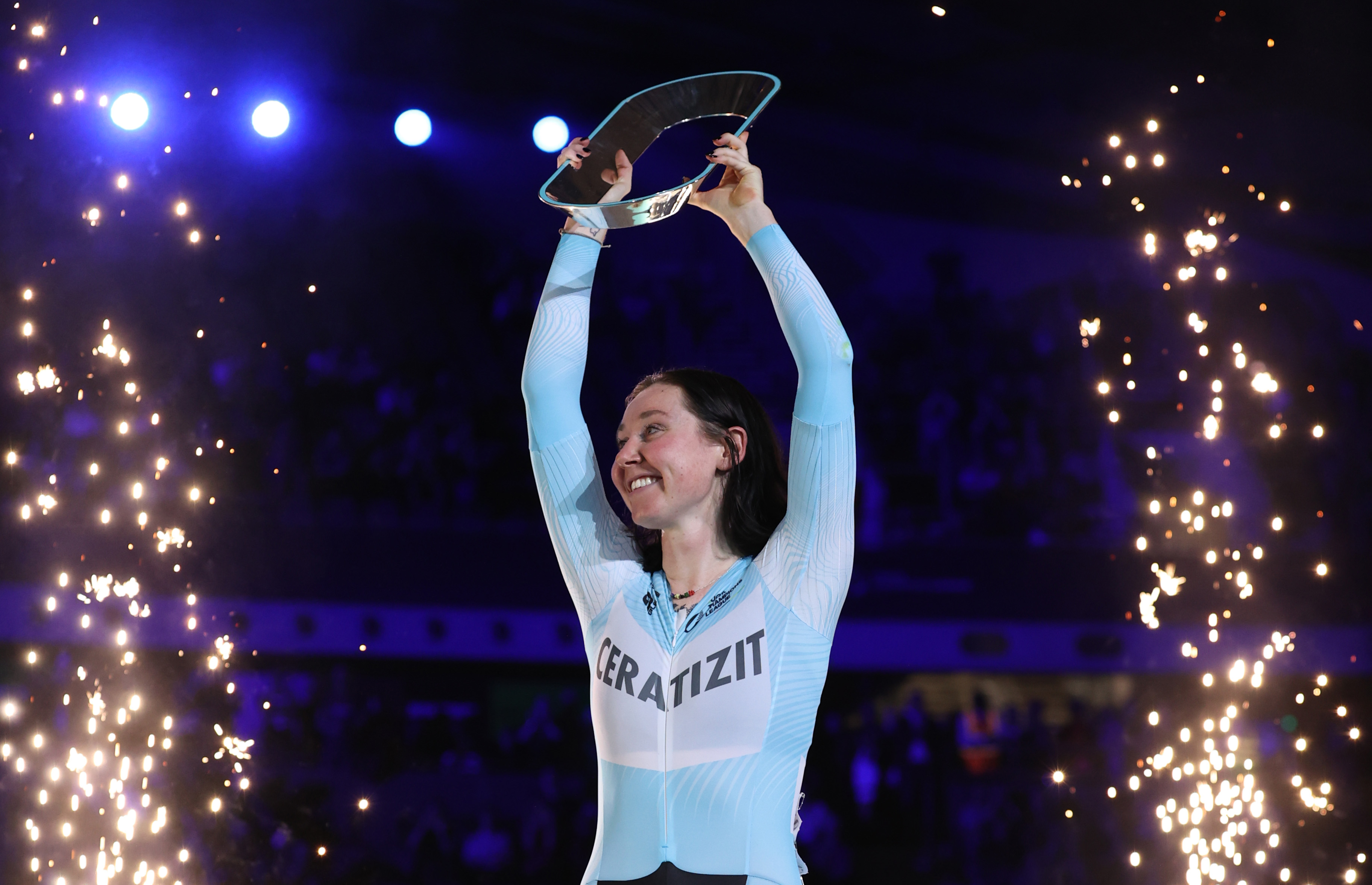 Katie Archibald with Women's Endurance Winners Trophy during Round 5 The Grand Finale of the 2023 UCI Track Champions League, Nov 2023