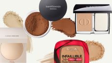 Collage of the best powder foundations, from Laura Mercier, bareMinerals, L'Oreal and Dior, on a neutral background with three different powder swatches