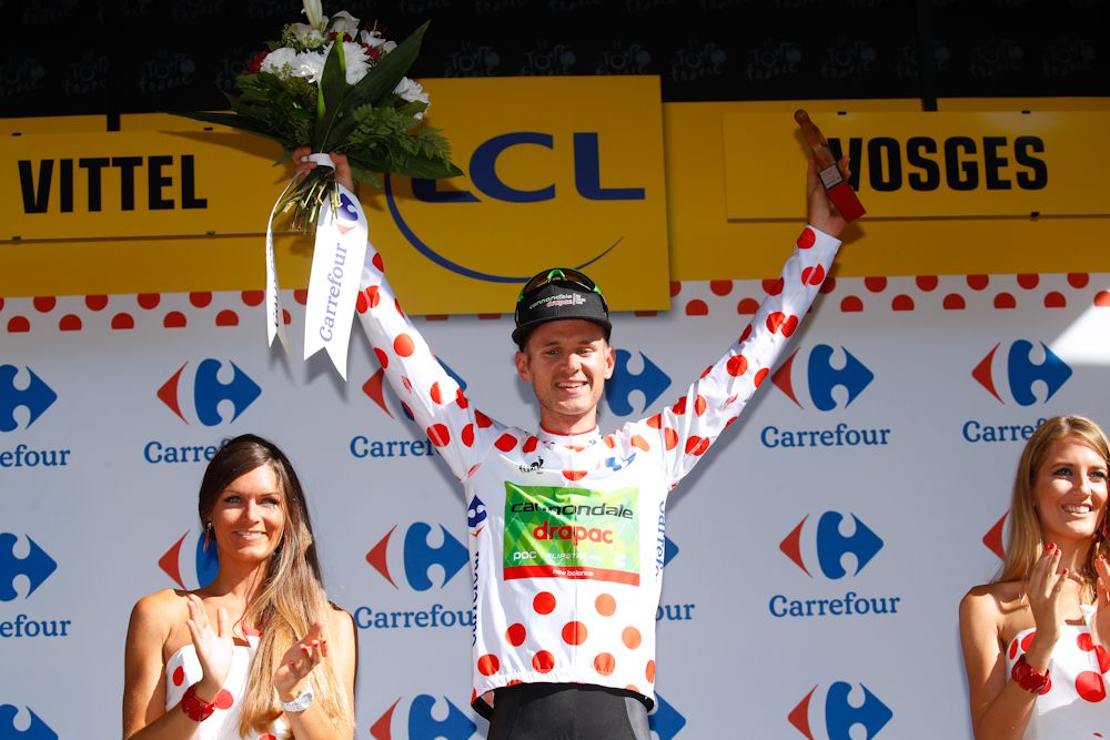 Nate Brown in the KOM jersey after stage 5 at the Tour de France